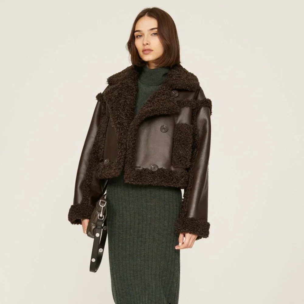 STAND STUDIO Women's Kristy Faux-Shearling Jacket Size US 10 In Brown - Picture 2 of 9